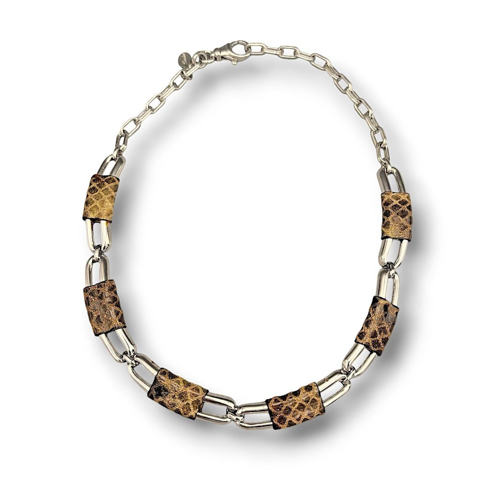 Vintage Landau Necklace Choker Silver Tone Links Faux Snake Leather Wrap Nice